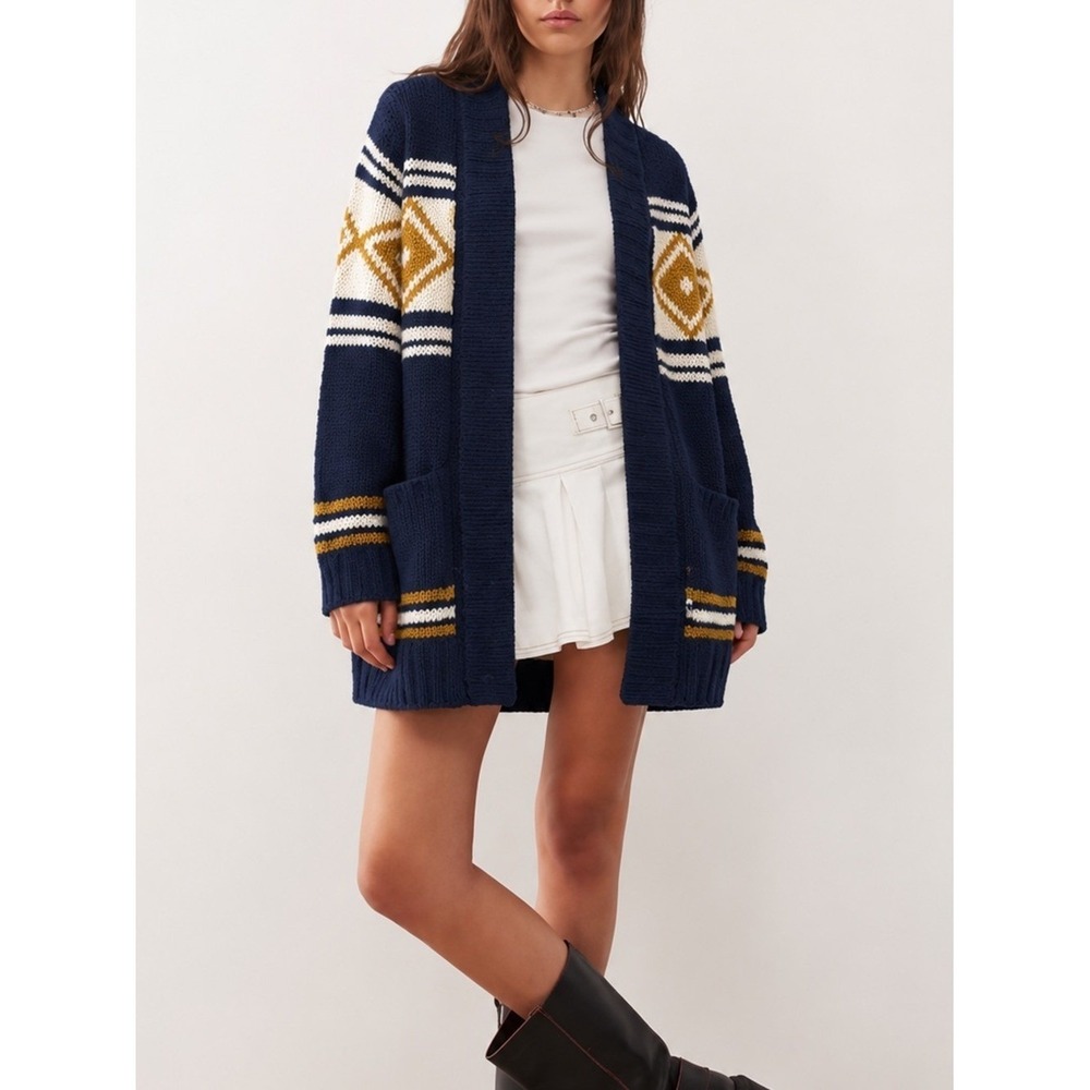 Pink Rose Blue/Yellow Open Front Oversized Knit Cardigan Sweater